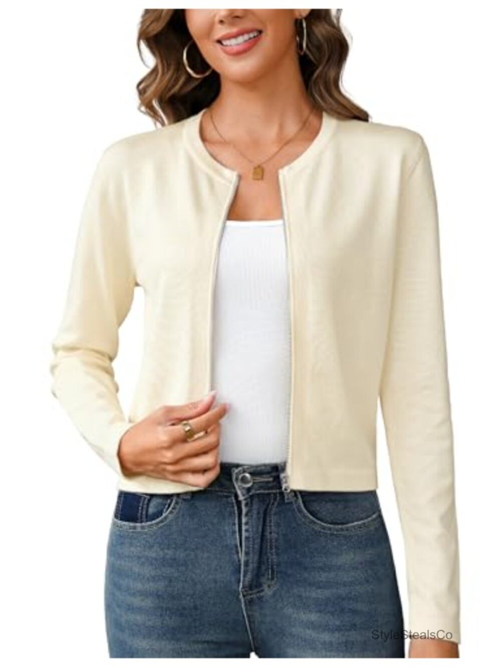 Lightweight Knit Zip-Up Cardigan Sweater Cropped Bolero Long Sleeve Crew Neck